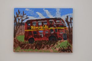 Double Decker Bus Along Rail Trail in Jeffersonville, VT, 2020